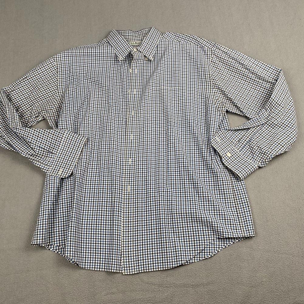 L.L. Bean‎ Dress Shirt Size XL Blue White Check Button Down Pocket Mens